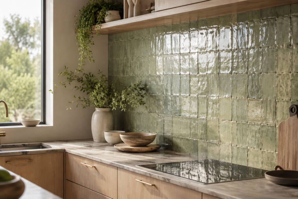 Contemporary kitchen with a sage zellige splashback, handmade-look ceramic texture, timber cabinetry and natural light