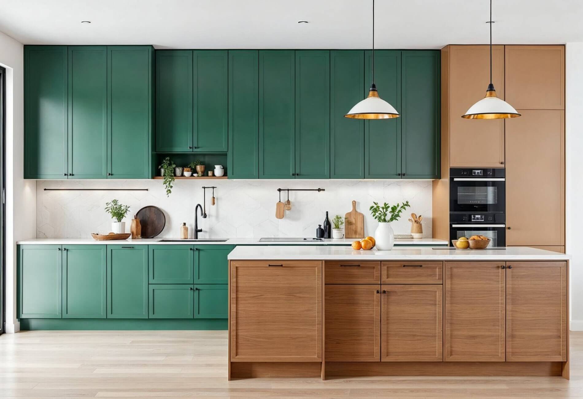 green and camel kitchen design