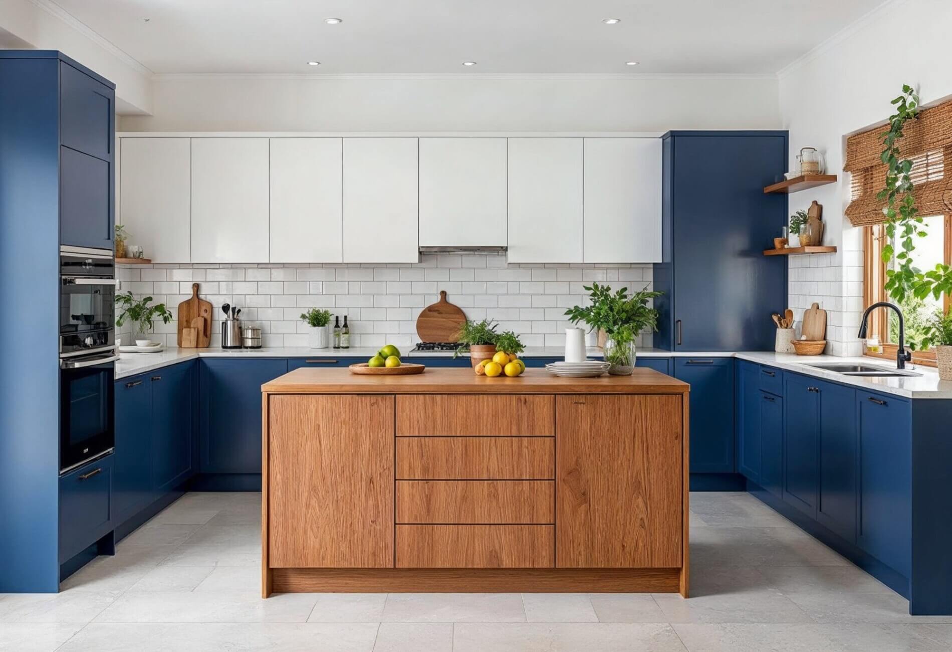 blue and white coloured kitchen cabinets