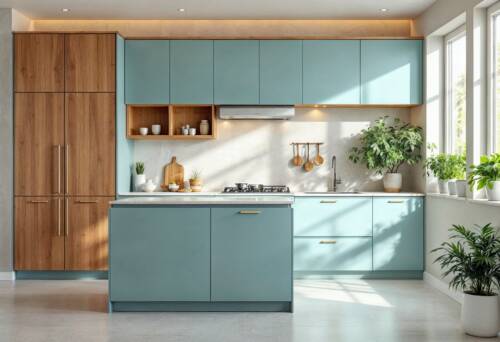 eco-friendly kitchen design with timber and blue cabinets