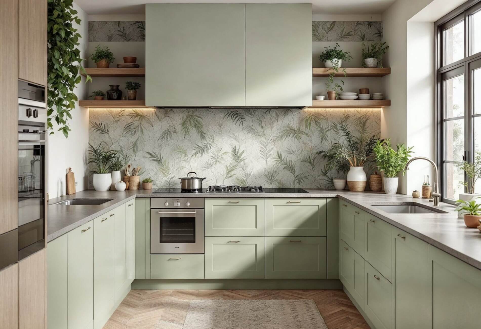 natural kitchen design with soft green cabinets