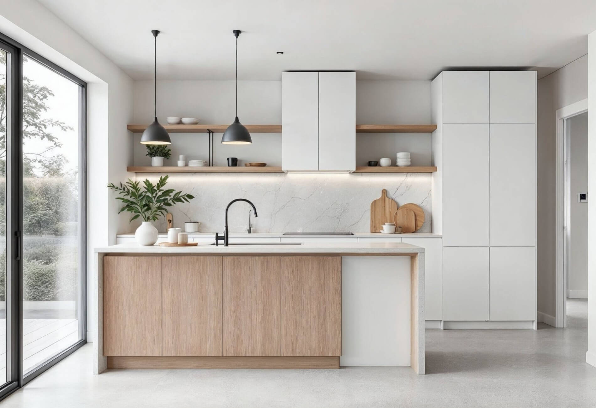 minimalist kitchen with timber and white cabinets