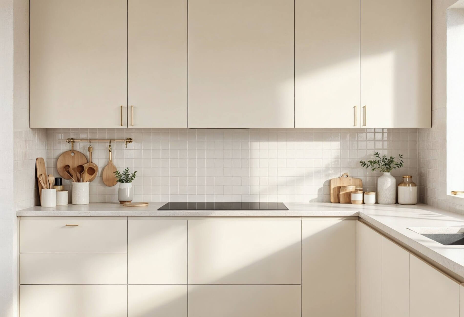 minimalist off-white kitchen design with square splashback tiles