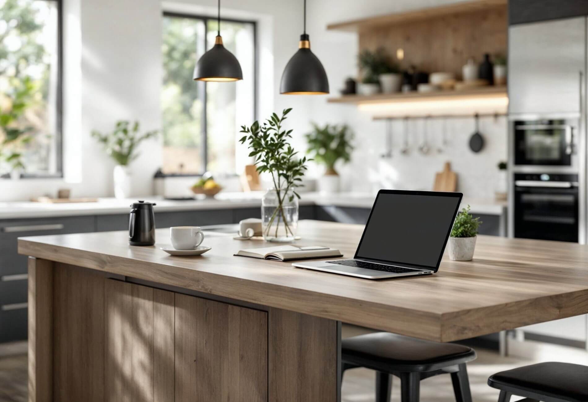 modern kitchen with island bench as work station