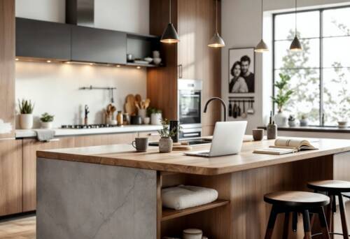 kitchen with multi-functional island bench