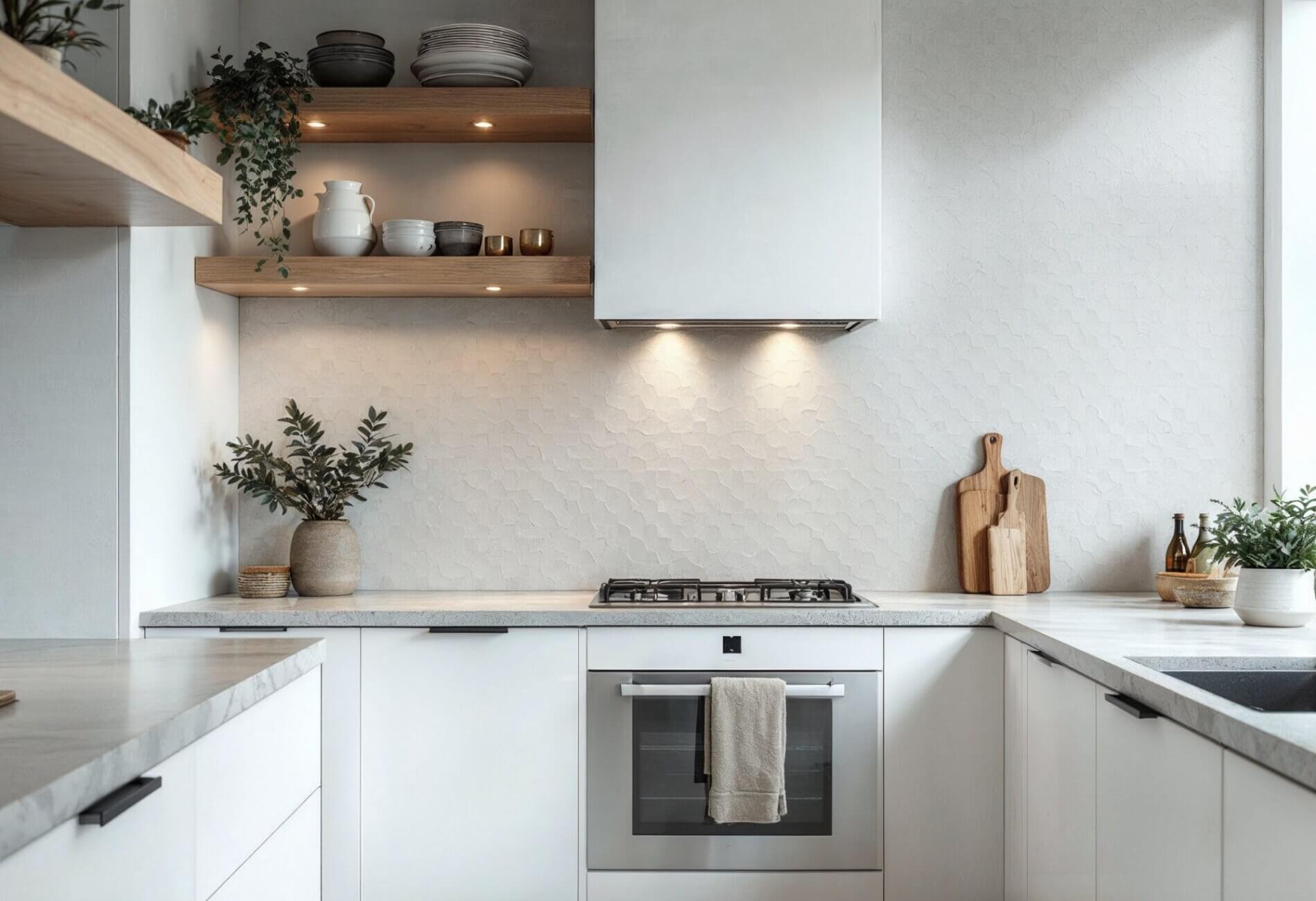 white kitchen with textured tile splashback