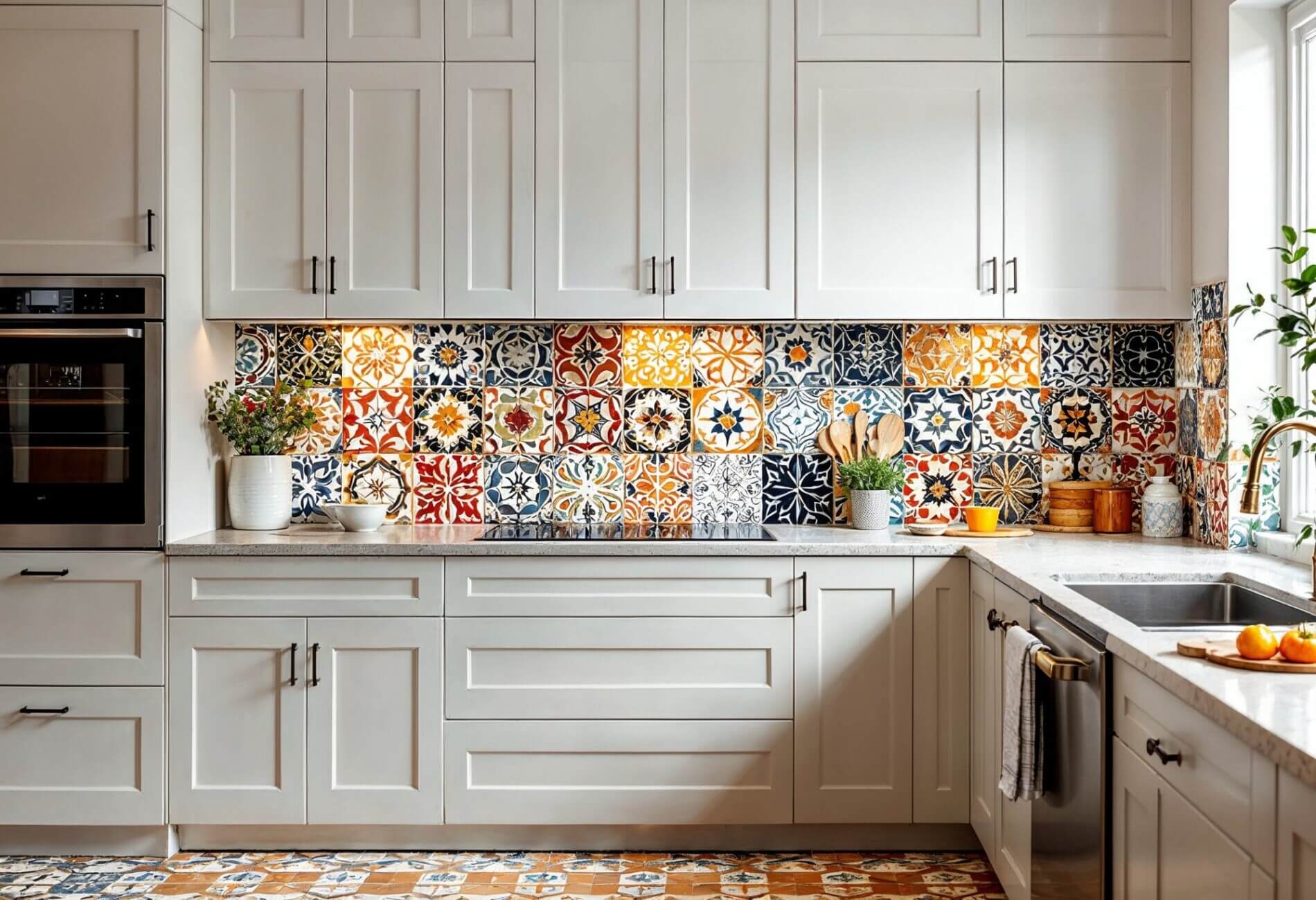 white kitchen with bright patterned morrocan tile splashback