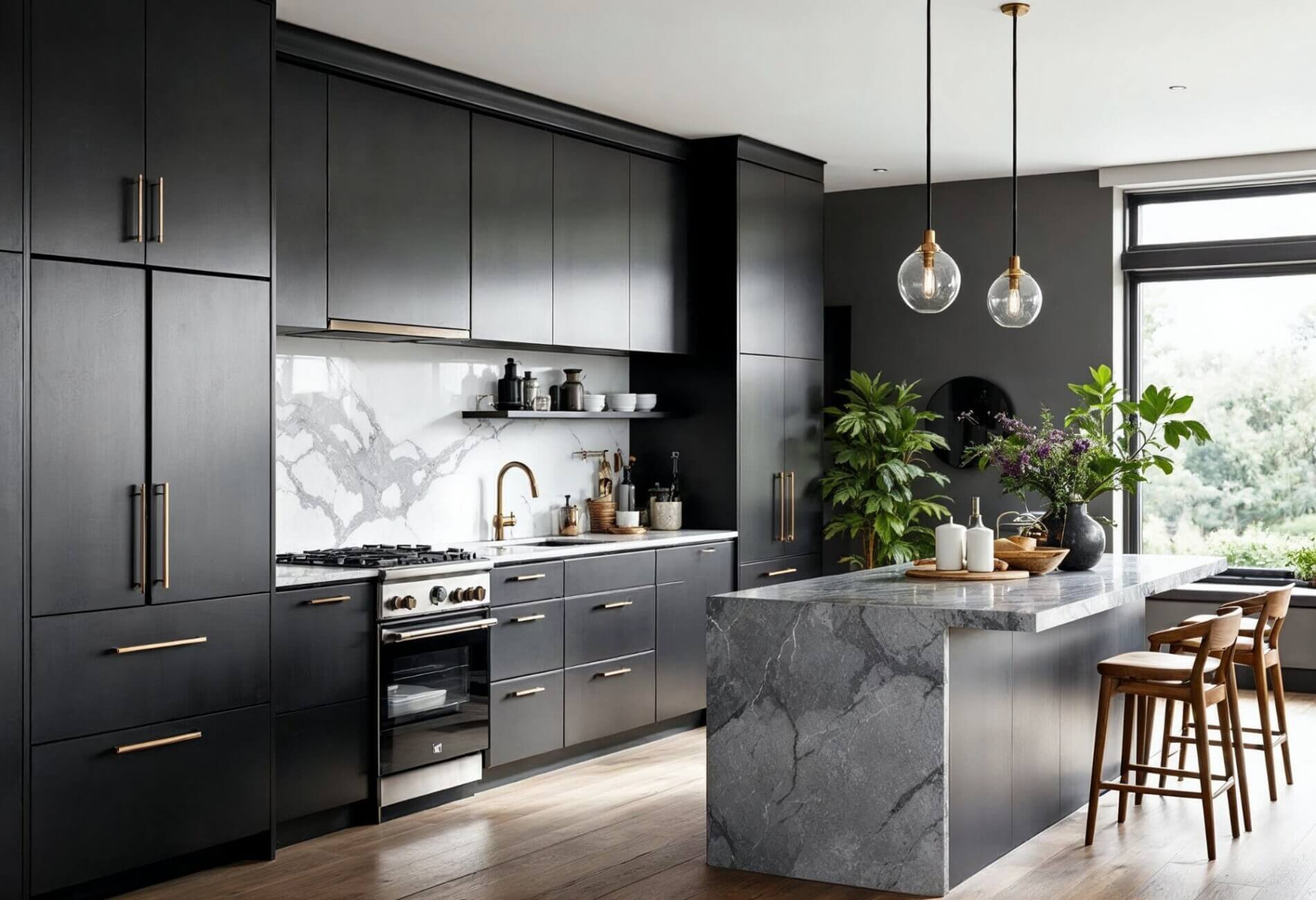 black kitchen with grey stone benchtops