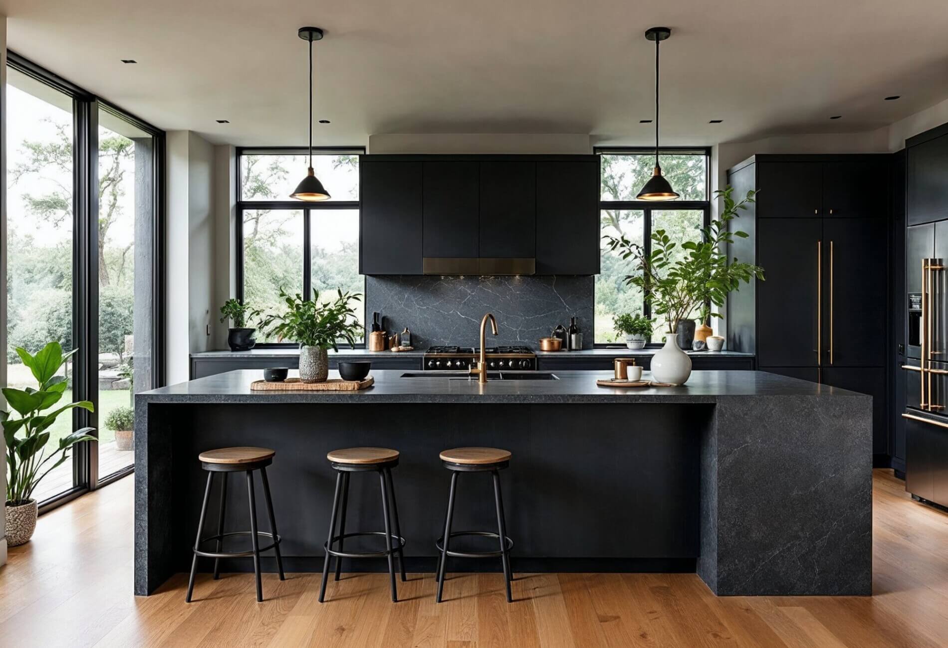 dark charcoal kitchen with brass accents
