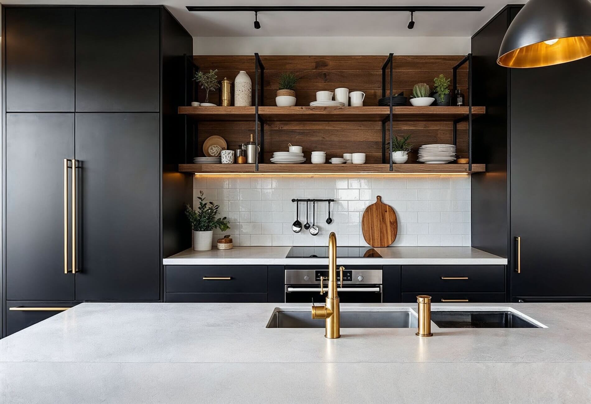 industrial kitchen with open shelving