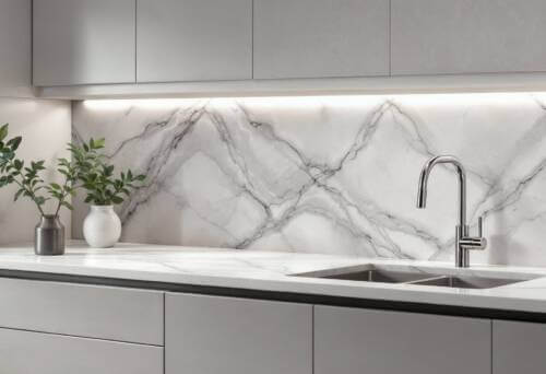 contemporary kitchen with matching engineered stone splashback and benchtop