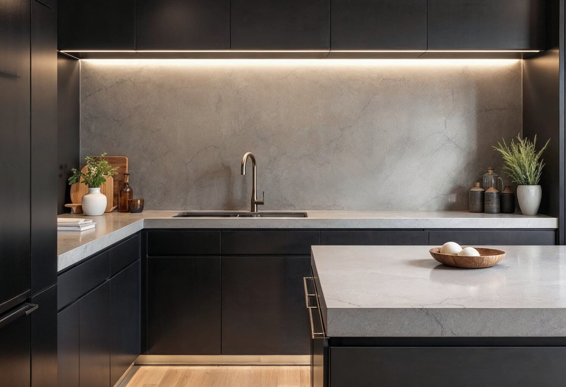 luxurious kitchen with matching grey benchtop and splashback