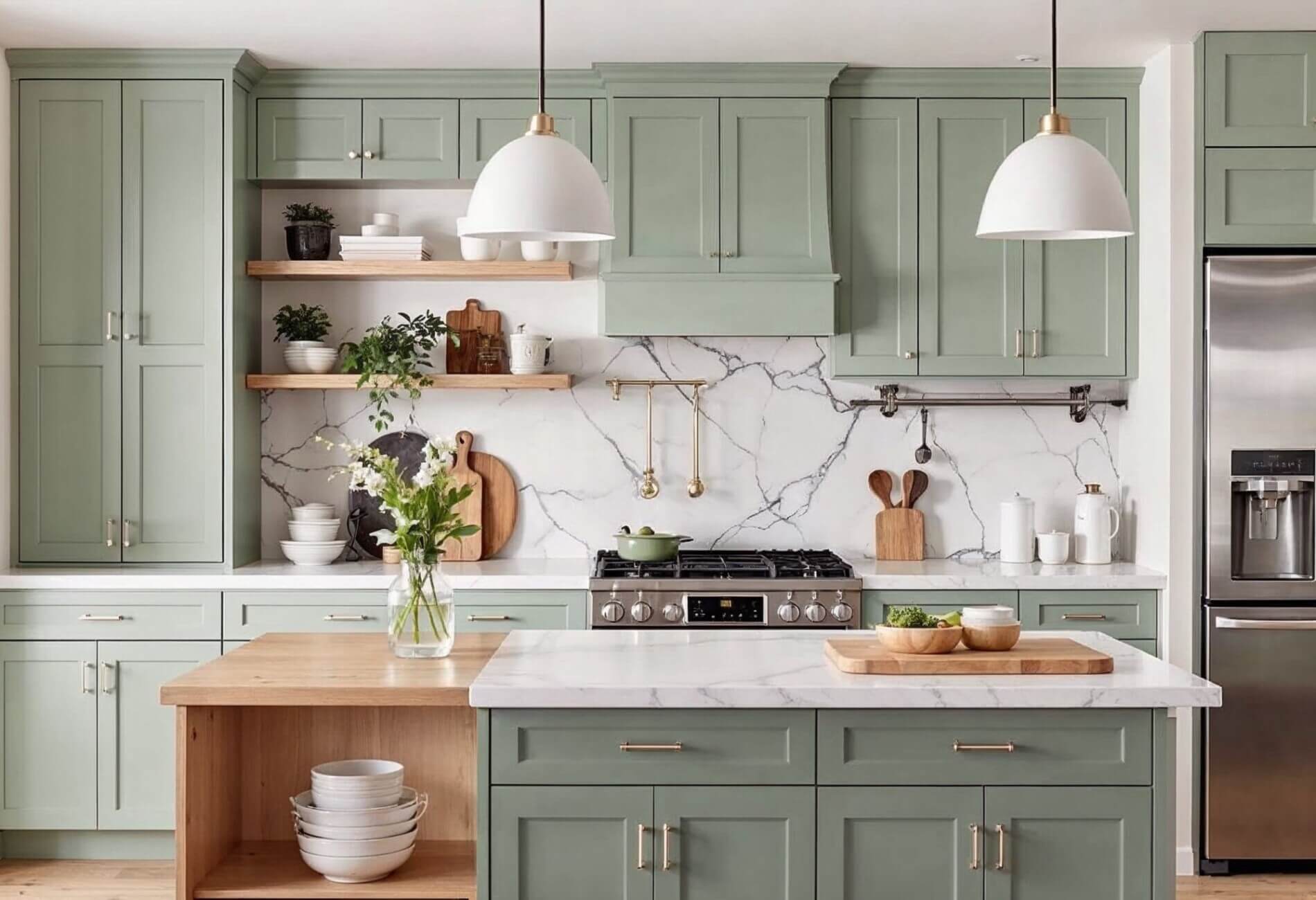 traditional modern kitchen with soft green cabinets