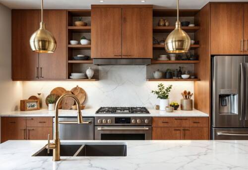 kitchen with gold kitchen tap