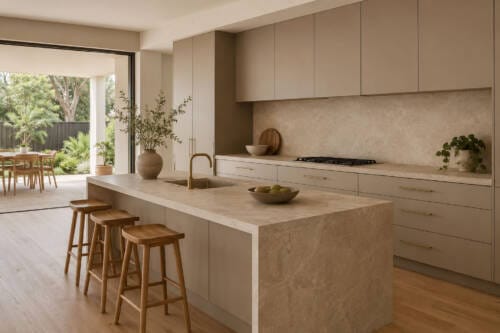 Mushroom and taupe kitchen with stone island, brass tapware and indoor-outdoor Australian design