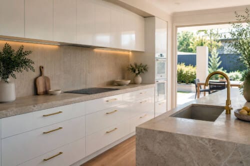 Warm neutral kitchen with gloss white cabinets, stone benchtop, brushed gold tapware and textured splashback