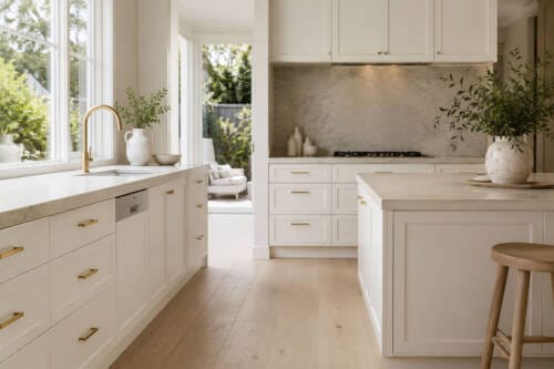Slim shaker kitchen with warm white cabinetry, brushed brass hardware and light oak flooring