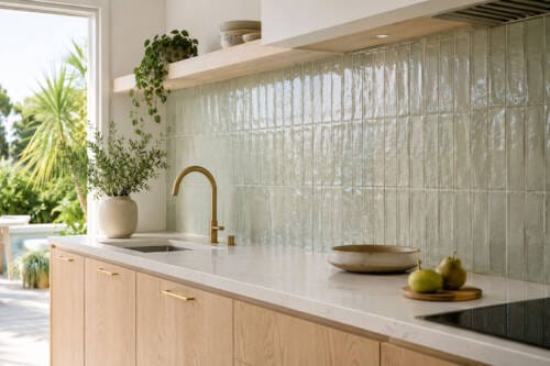 Sage handmade-look ceramic kitchen splashback with vertical tiles, light timber cabinetry and natural daylight