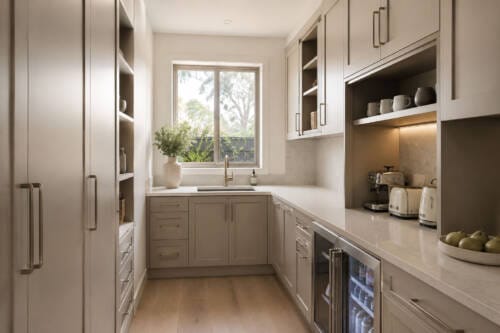 Warm neutral butler's pantry with secondary sink, appliance garage, beverage fridge and pantry storage