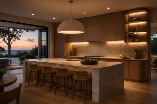 Warm neutral kitchen with layered lighting, oversized pendant, under-cabinet LEDs and illuminated open shelving
