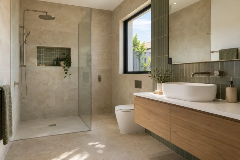 Warm stone and green bathroom tile trends in a contemporary 2026 bathroom