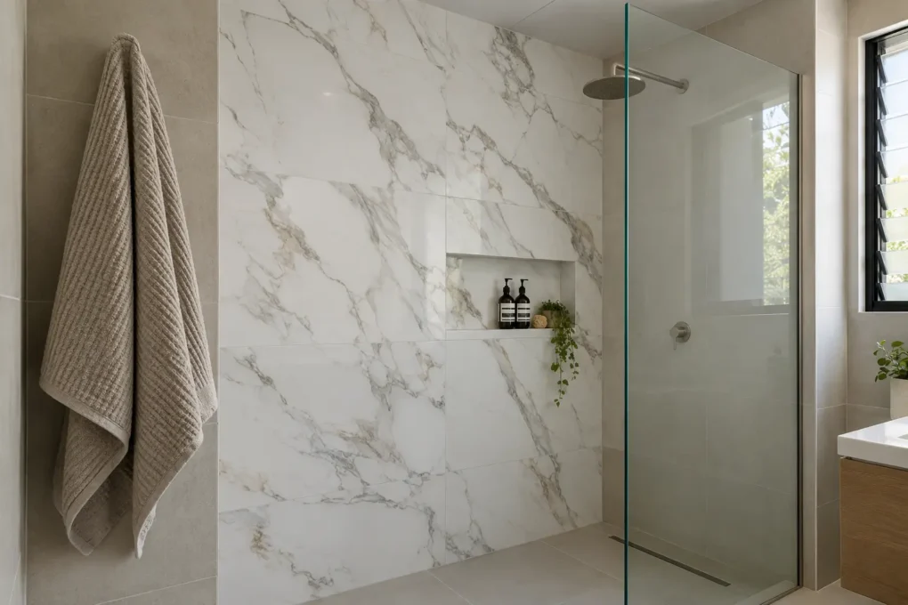 Bold marble-look tile veining used on a bathroom feature wall
