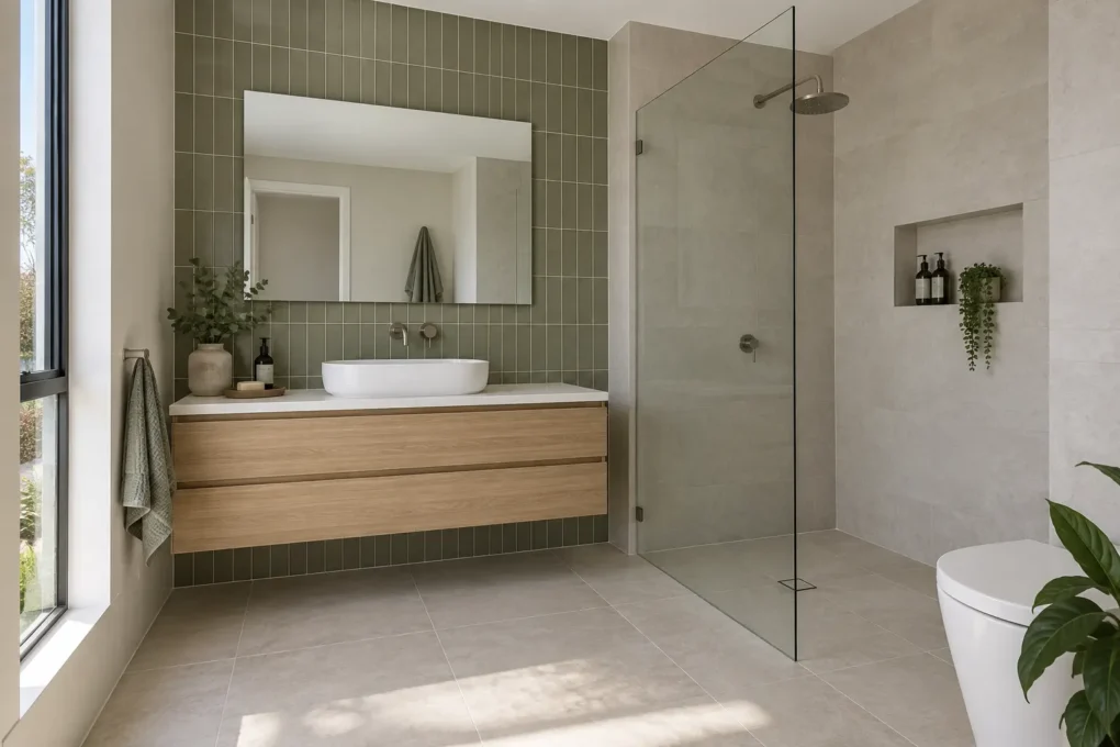 Muted green wall tiles paired with a warm neutral bathroom floor