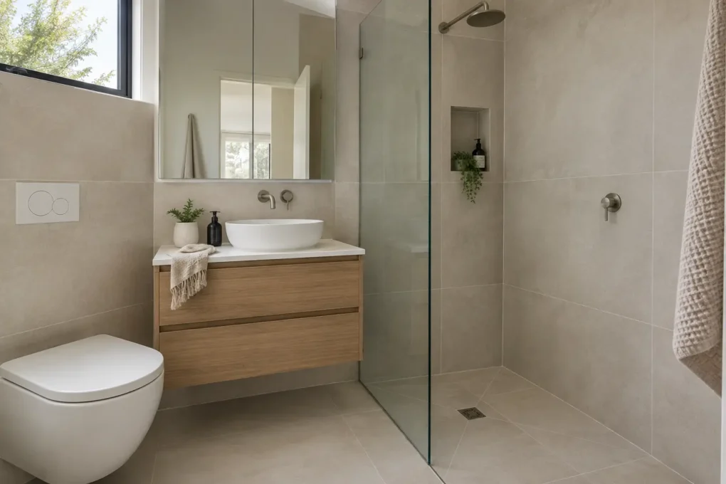 Larger warm-neutral tiles with fewer grout lines in a small bathroom