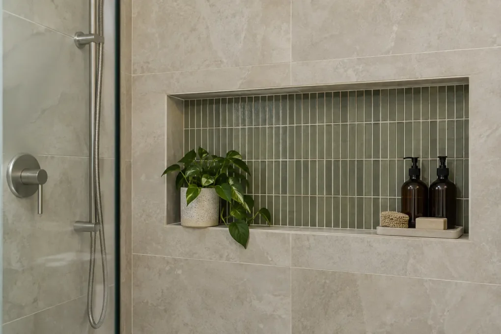 Small mosaic tiles used in a focused bathroom feature area