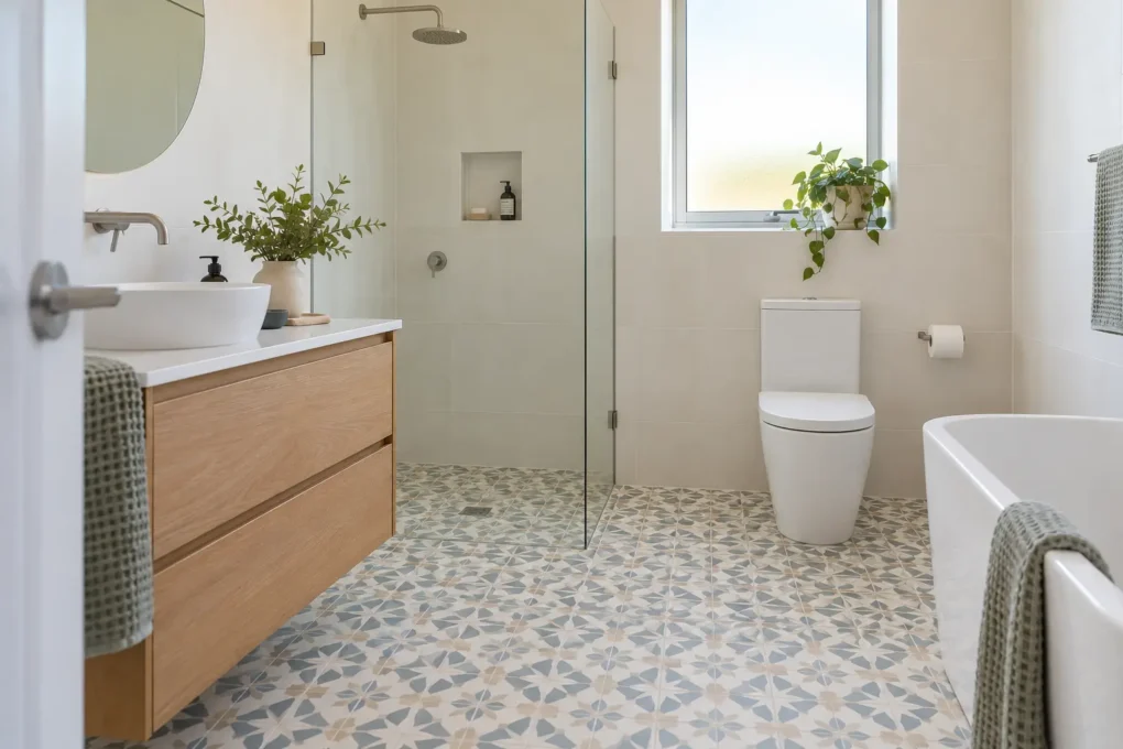 Encaustic-look patterned floor in a restrained modern bathroom