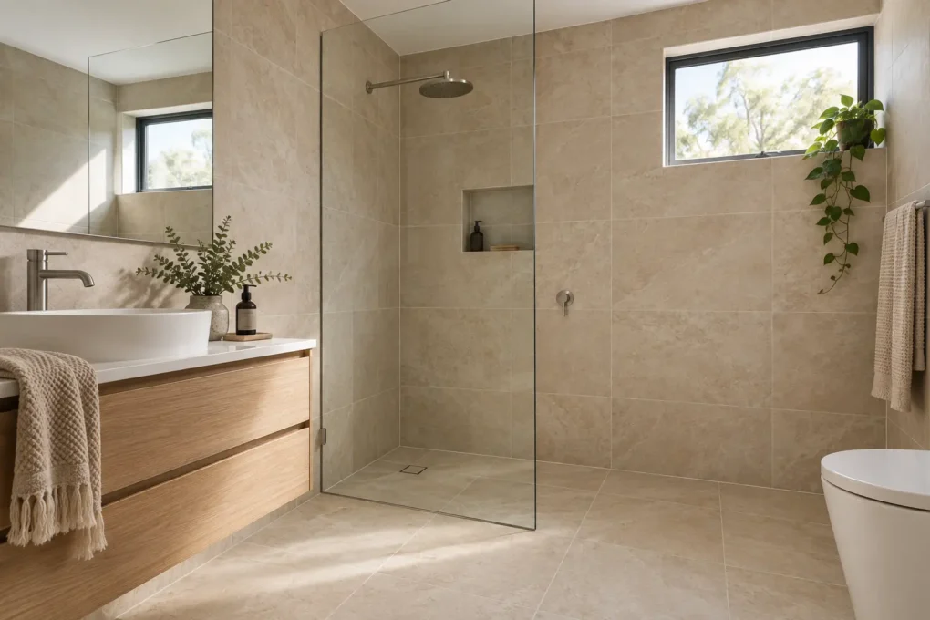 Warm stone-look tiles creating a natural contemporary bathroom