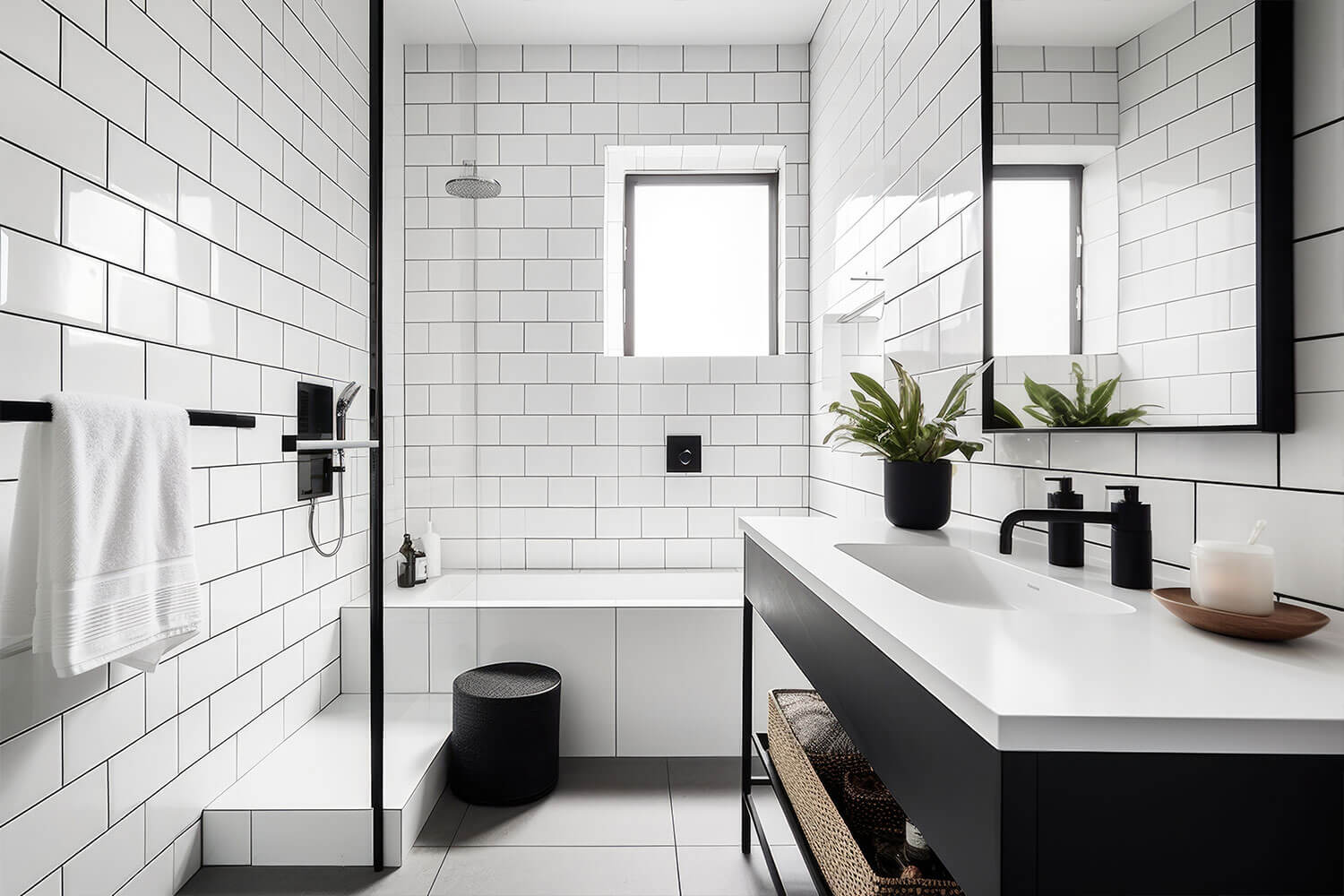 White subway tiles with contrasting grout in a narrow bathroom