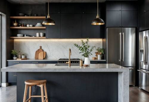 A contemporary kitchen with mixed materials, including matte black cabinets, a concrete island with a stone countertop, wood shelving, brushed gold fixtures, and industrial pendant lighting.