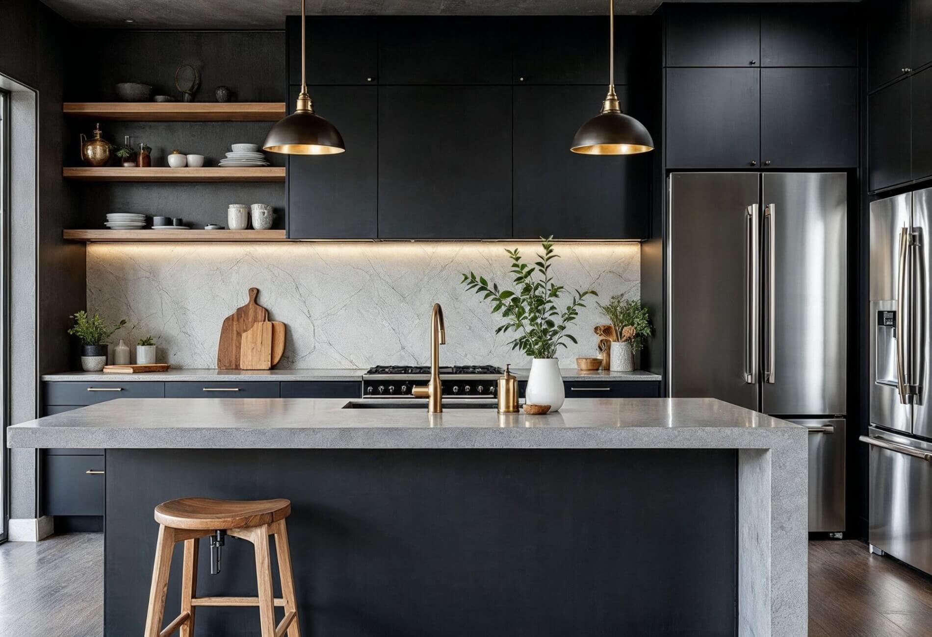A contemporary kitchen with mixed materials, including matte black cabinets, a concrete island with a stone countertop, wood shelving, brushed gold fixtures, and industrial pendant lighting.