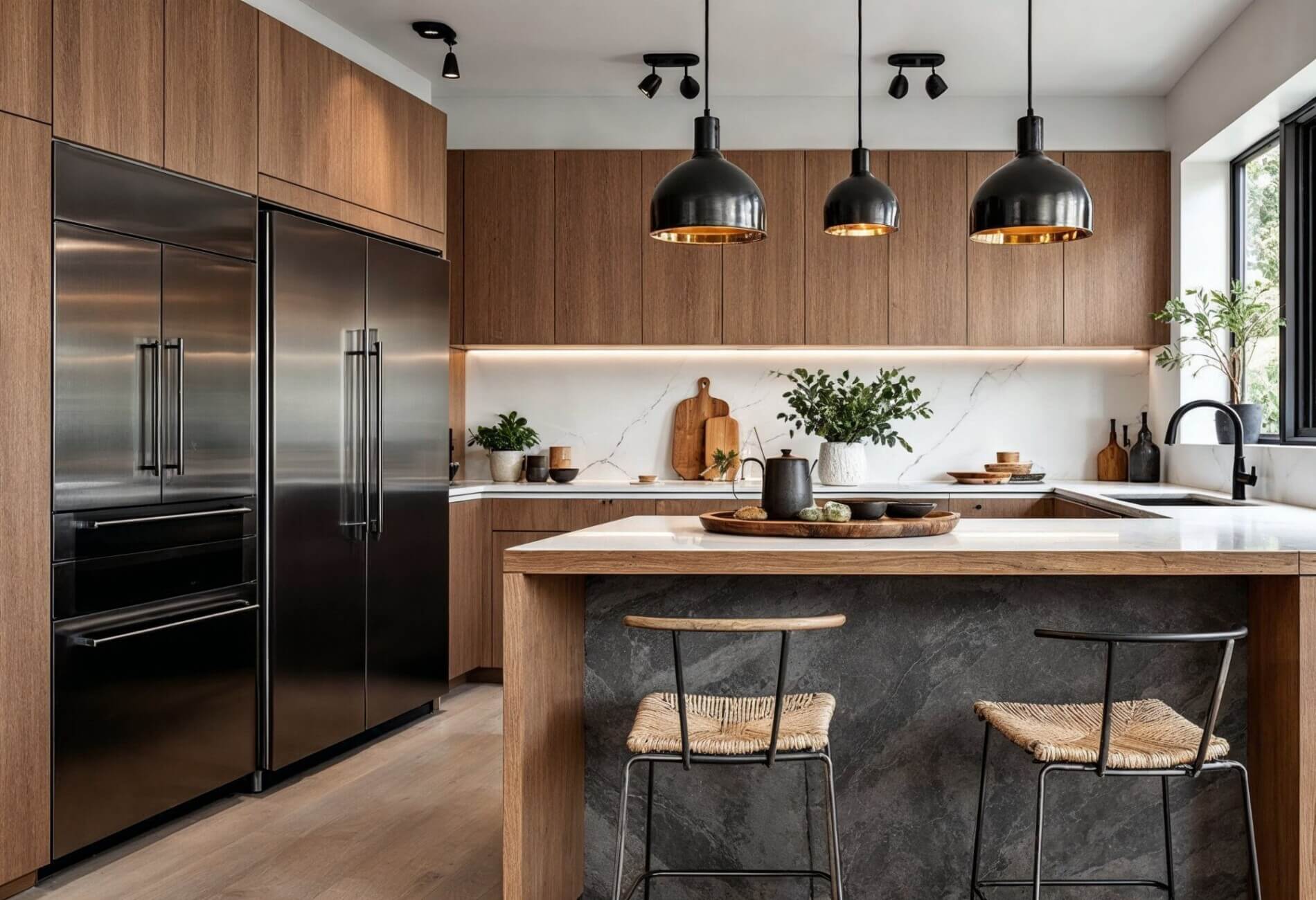A modern kitchen showcasing mixed materials, including natural wood cabinetry, marble benchtops, stainless steel appliances, and matte black fixtures. The design features a stone island with a wooden countertop and metallic pendant lighting.