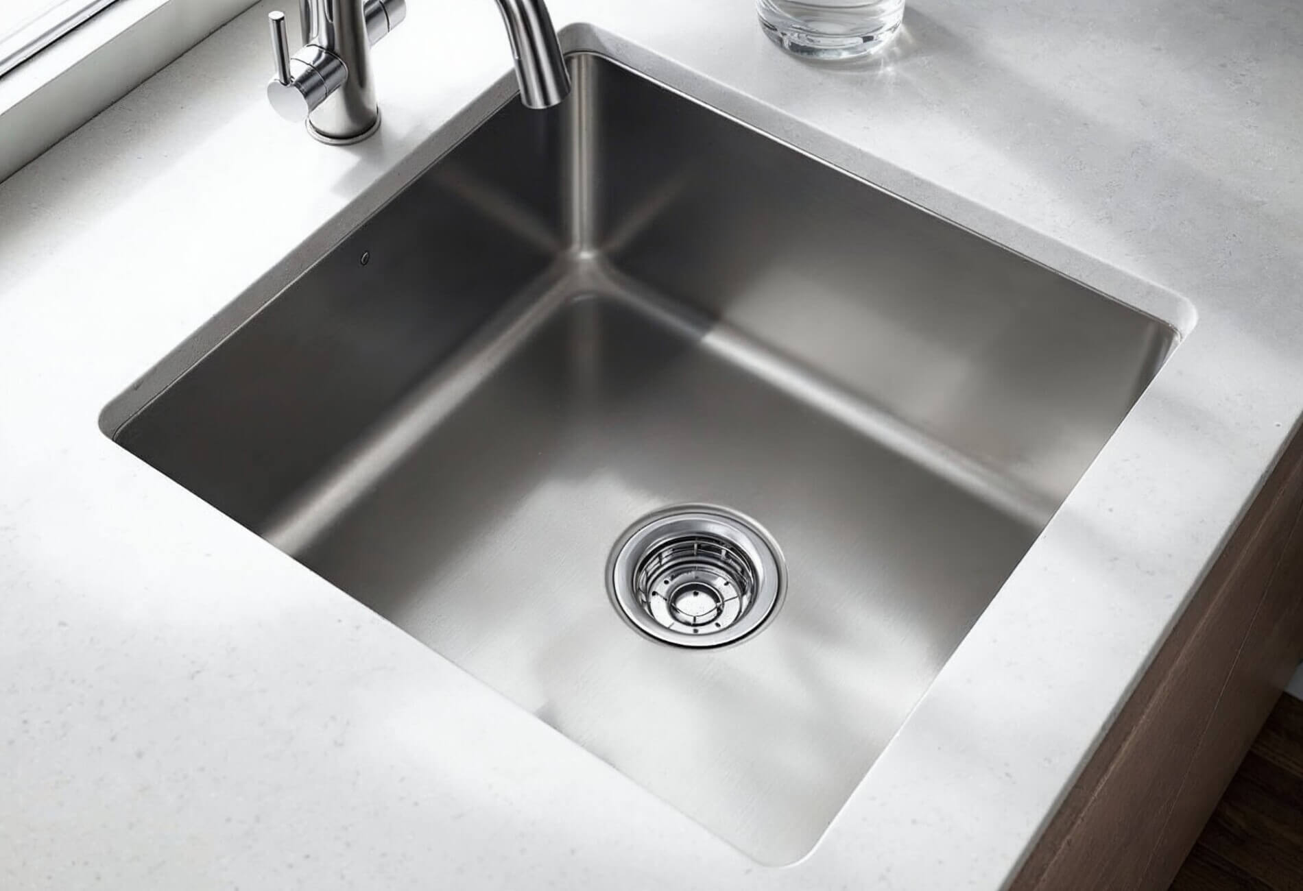 A close-up of a stainless steel underbench sink with tight R5 radii corners, set in a quartz benchtop with a modern pull-out mixer tap in the background.