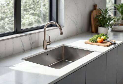 A minimalist kitchen with a stainless steel underbench sink featuring tight R5 radii corners, set in a white quartz benchtop with a brushed nickel mixer tap.