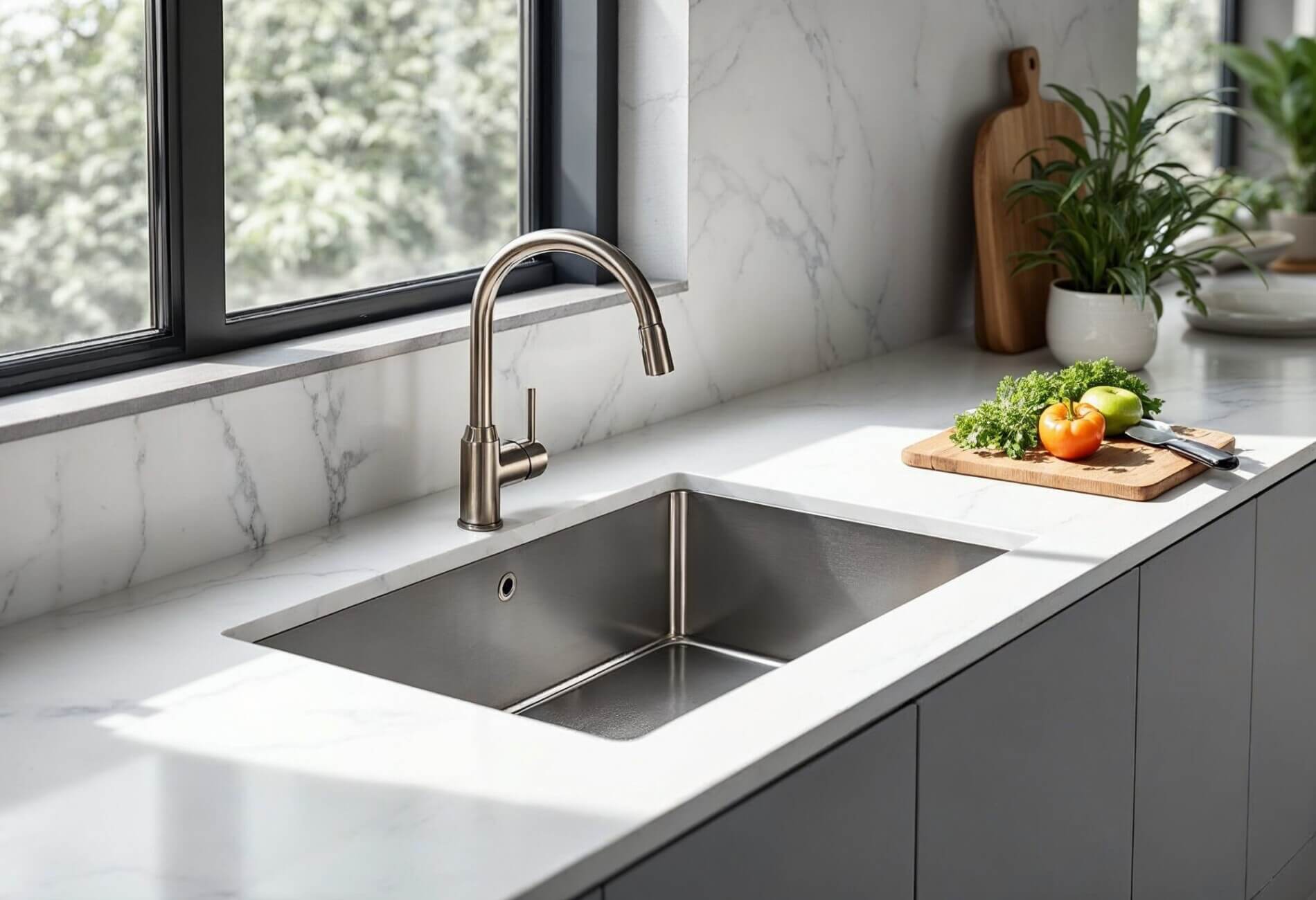 A minimalist kitchen with a stainless steel underbench sink featuring tight R5 radii corners, set in a white quartz benchtop with a brushed nickel mixer tap.