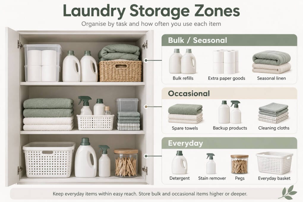 Laundry storage zones organised by everyday, occasional and bulk-use items