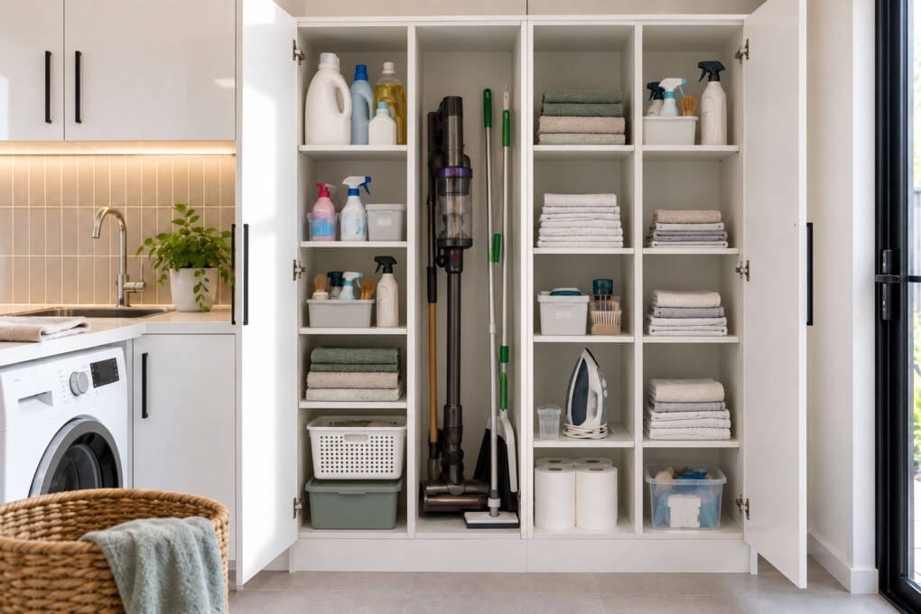 Laundry essentials grouped into practical storage categories before organising cupboards