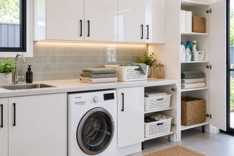 Organised white laundry cabinetry with clear benchtop and practical storage zones