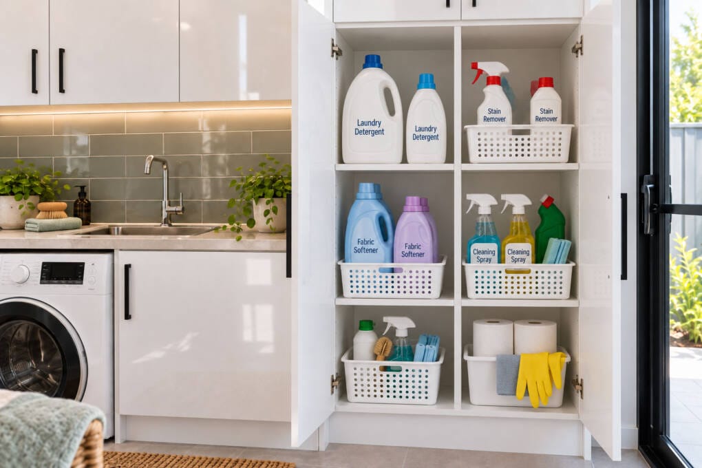 Original labelled laundry and cleaning products grouped safely inside a closed cupboard