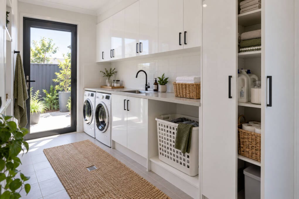 Laundry baskets, linen and bulk supplies organised into separate storage zones