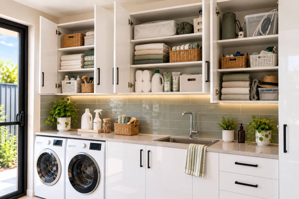 Laundry cupboards organised with everyday items low and occasional supplies stored higher