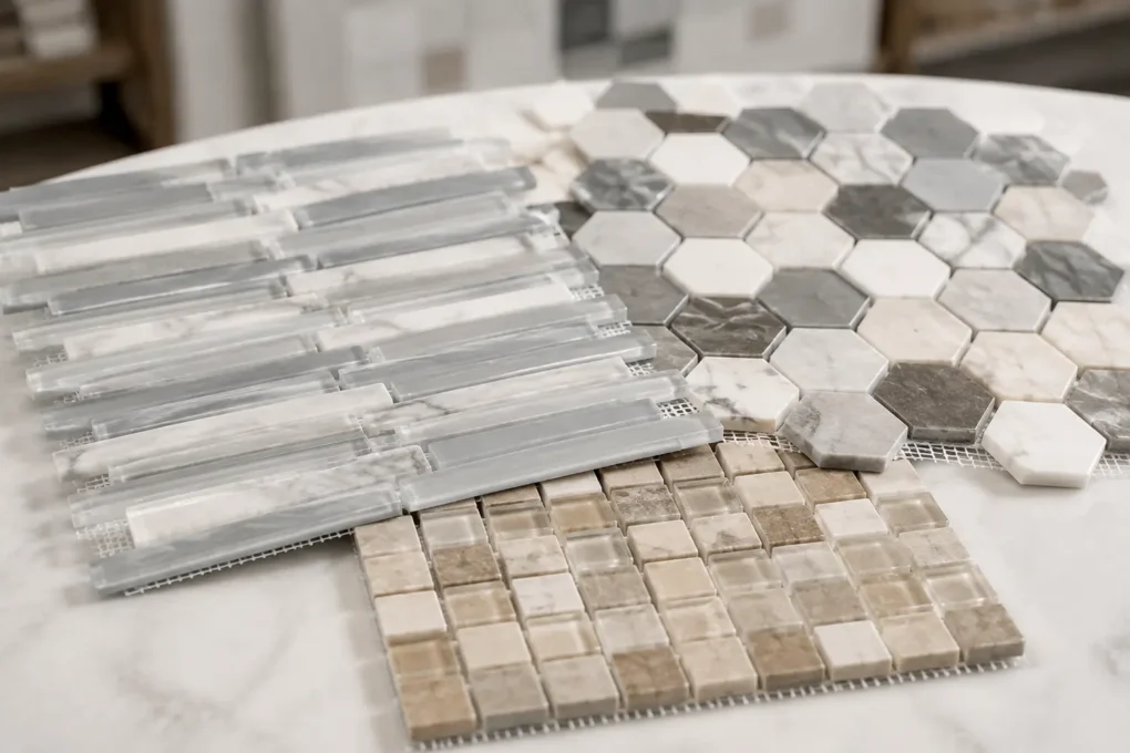 Glass, ceramic and stone mosaic tile formats on sheets