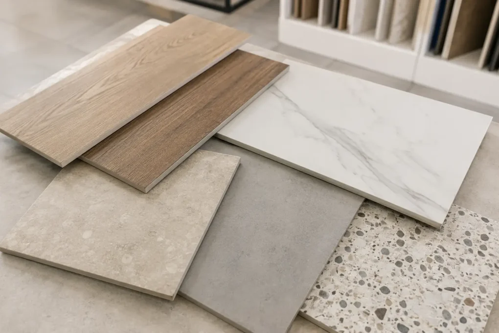 Timber, stone, concrete and terrazzo-look tiles for the home