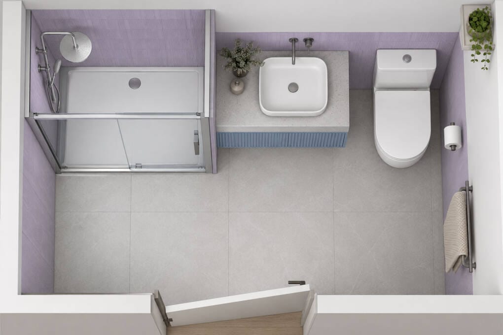 Small bathroom layout showing sliding shower screen clearance beside a vanity