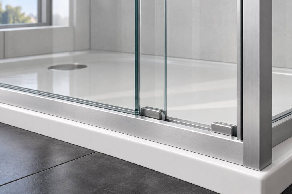 Sliding shower screen track and overlapping panels requiring regular cleaning