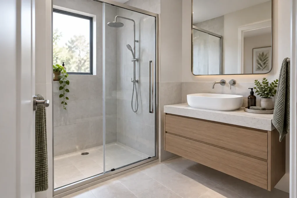 Sliding shower screen beside a vanity with no outward door clearance needed