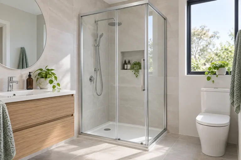 Semi-frameless sliding shower screen in a compact modern bathroom
